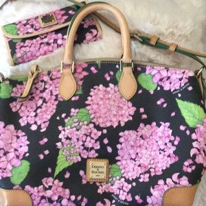 Authentic Dooney & Bourke hydrangea satchel with strap and matching wallet